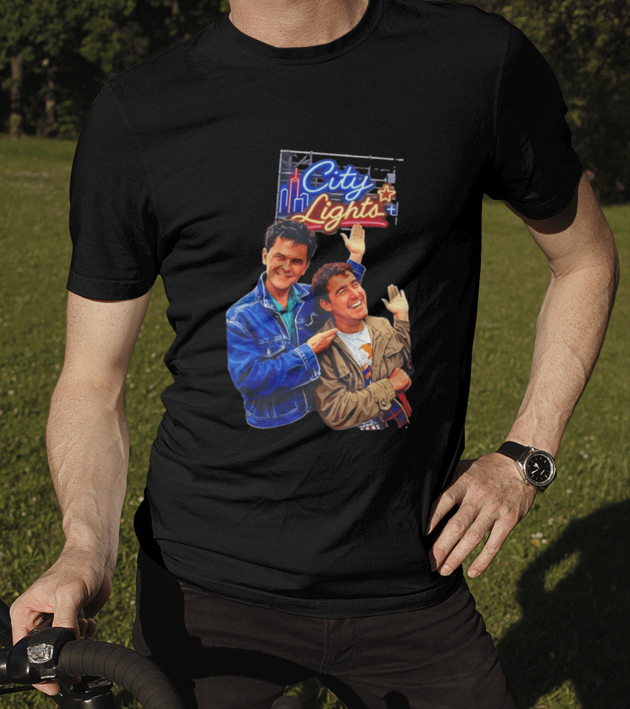 Two Men Smiling And Waving City Lights Neon Sign T-Shirt
