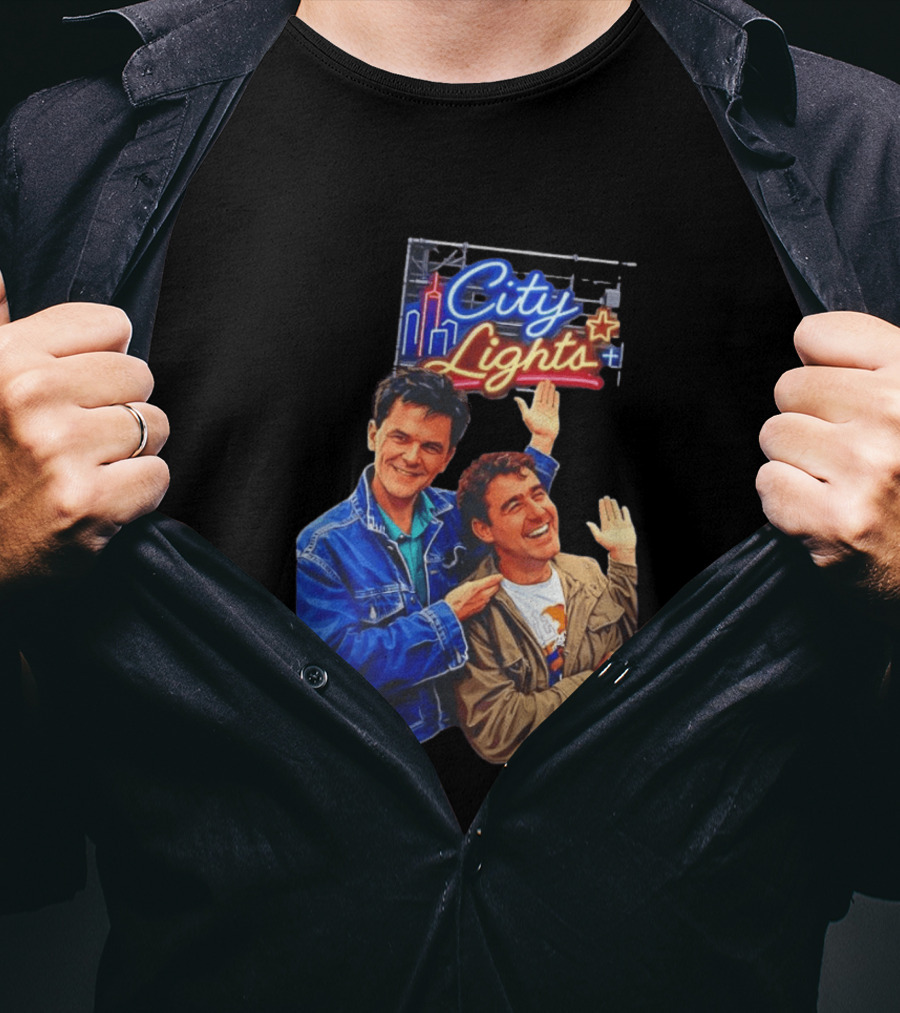 Two Men Smiling And Waving City Lights Neon Sign T-Shirt