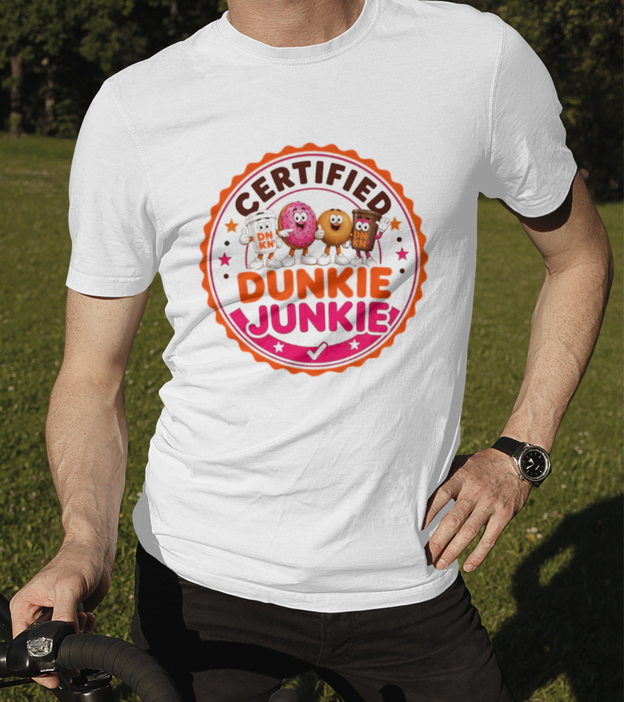 Certified Dunkie Junkie Characters Badge Coffee Donut Fun T-Shirt