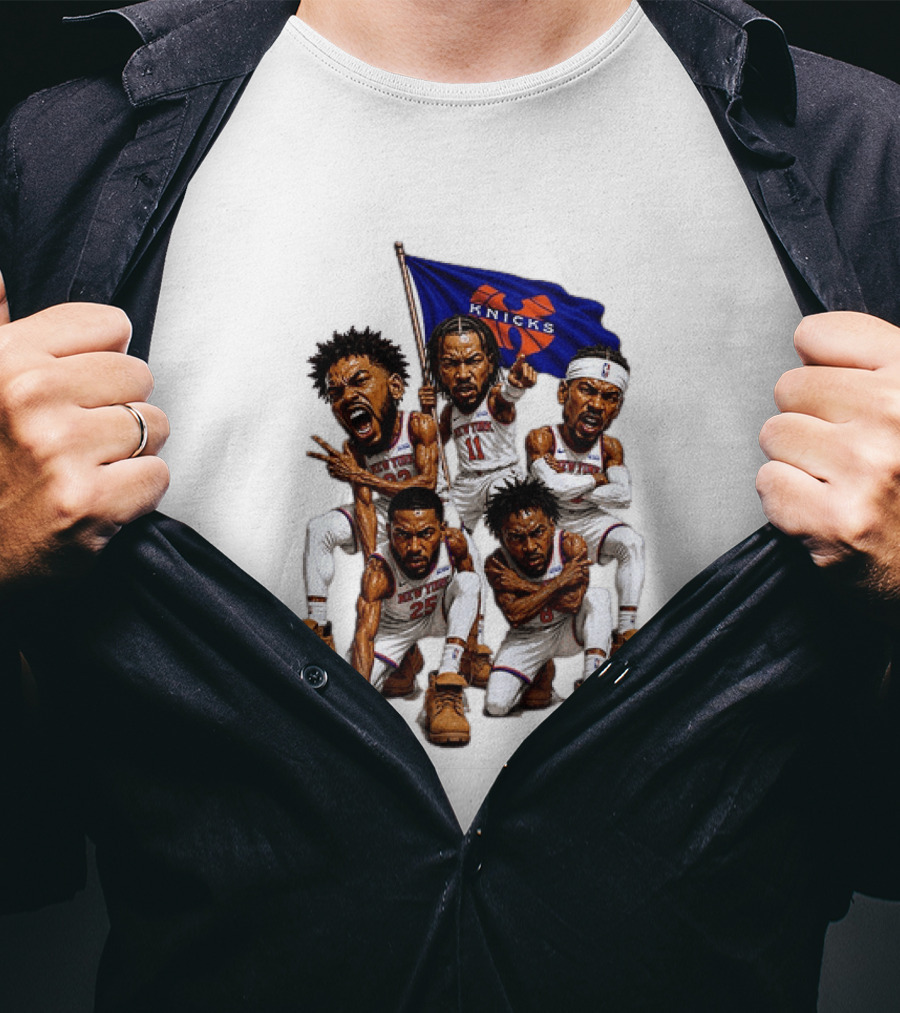 New York Knicks Jalen Brunson NBA Players Holding Team Flag Celebration T-Shirt