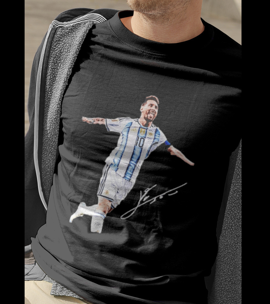 Lionel Messi 10 Argentina Jersey Signature Soccer Legend Celebration T-Shirt