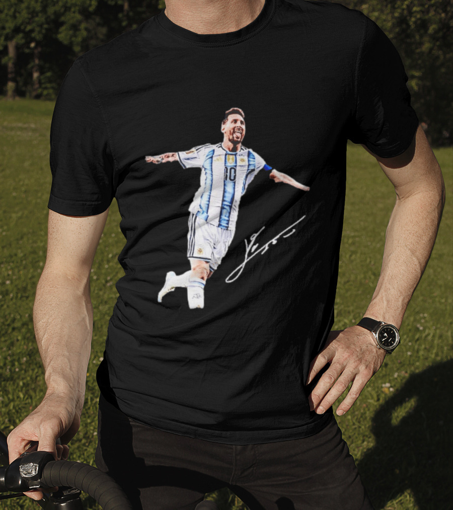Lionel Messi 10 Argentina Jersey Signature Soccer Legend Celebration T-Shirt