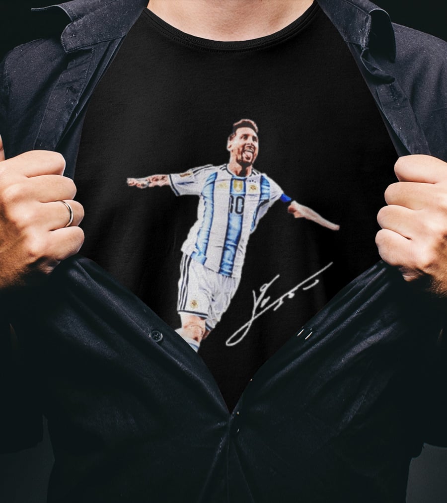 Lionel Messi 10 Argentina Jersey Signature Soccer Legend Celebration T-Shirt