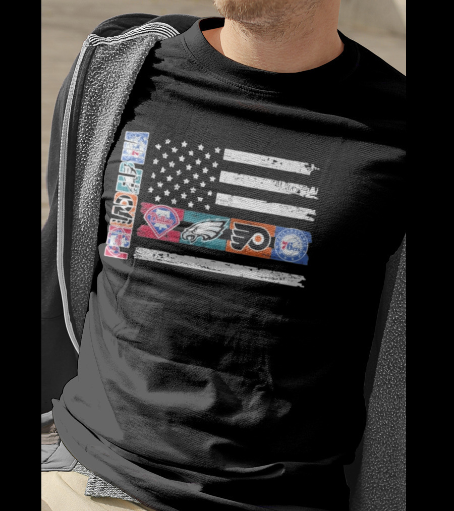 Philadelphia Sports Teams 250th Anniversary USA Flag Phillies Eagles Flyers 76ers T-Shirt