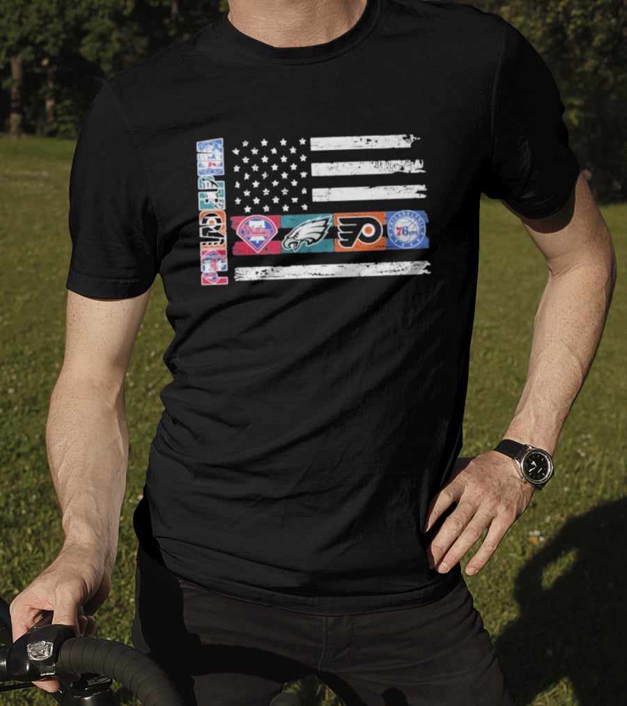 Philadelphia Sports Teams 250th Anniversary USA Flag Phillies Eagles Flyers 76ers T-Shirt