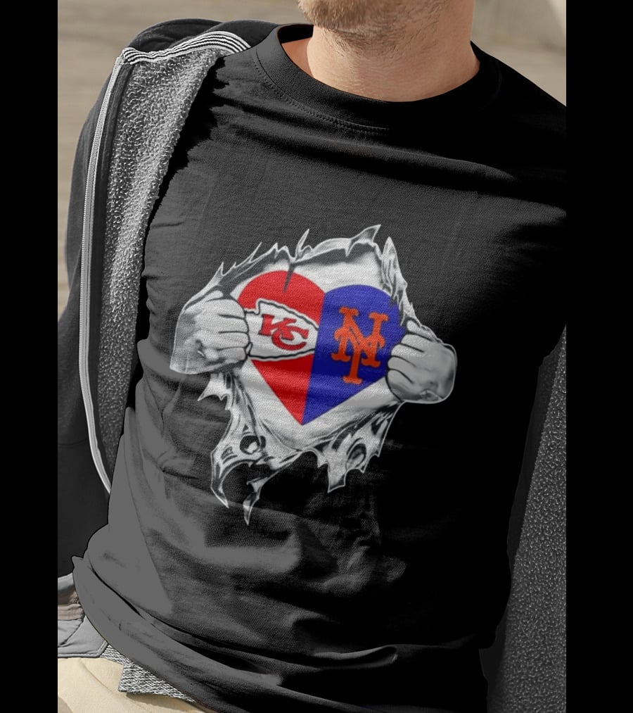 Kansas City Chiefs New York Mets Heart Torn Chest Combo T-Shirt