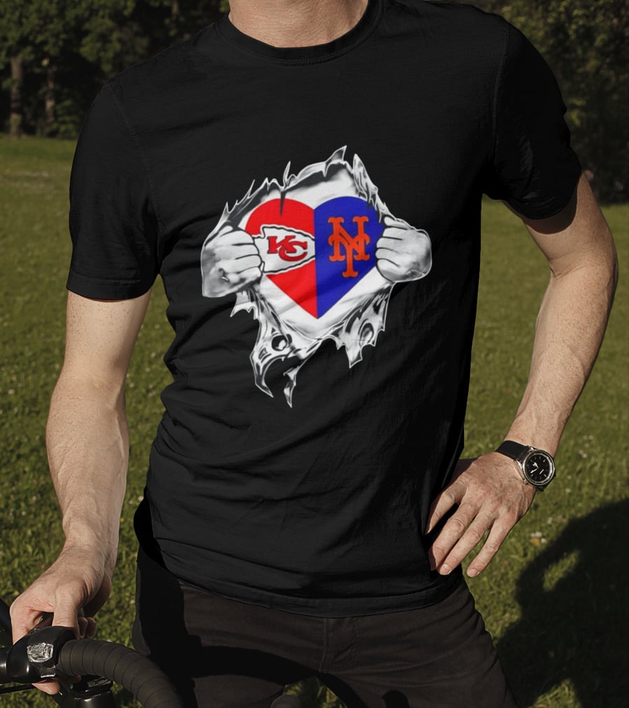 Kansas City Chiefs New York Mets Heart Torn Chest Combo T-Shirt