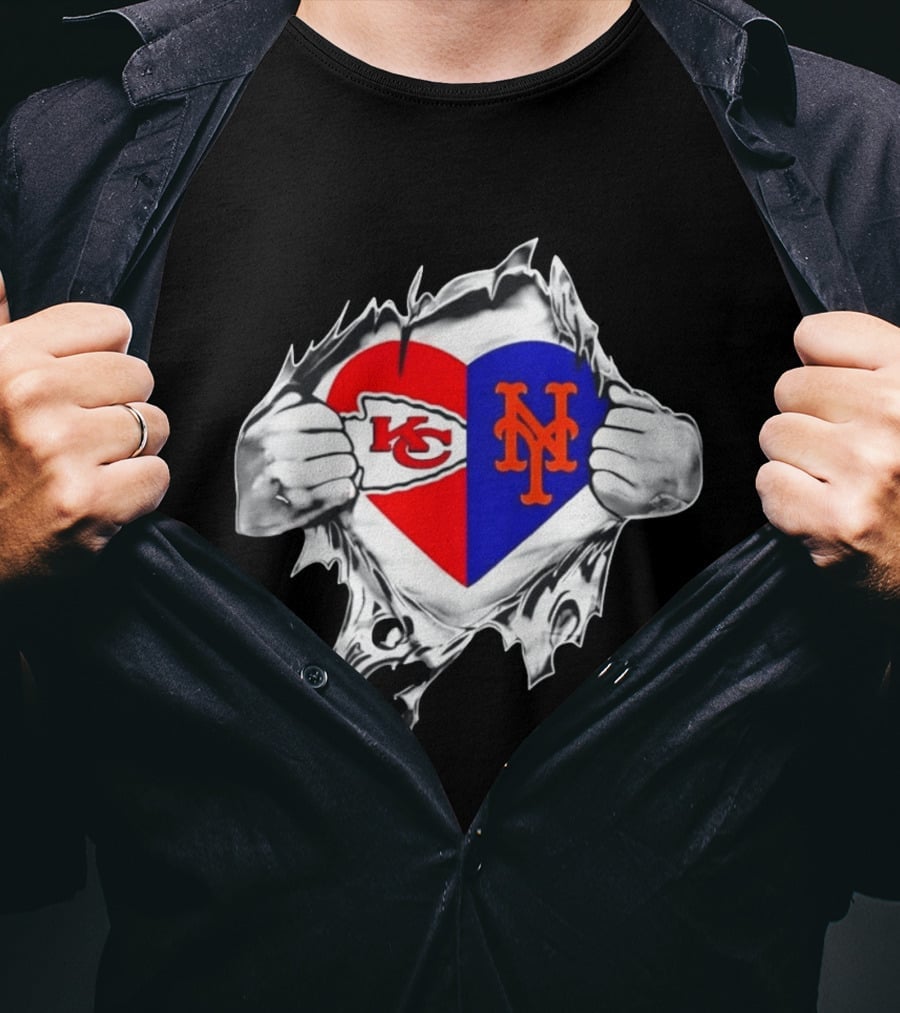 Kansas City Chiefs New York Mets Heart Torn Chest Combo T-Shirt