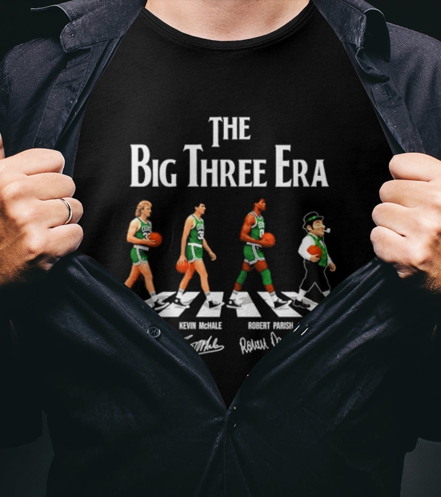 The Big Three Era Larry Bird Kevin McHale Robert Parish Lucky Walking Signatures T-Shirt