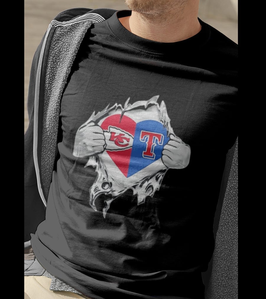 Kansas City Chiefs Texas Rangers Heart Rip Open T-Shirt