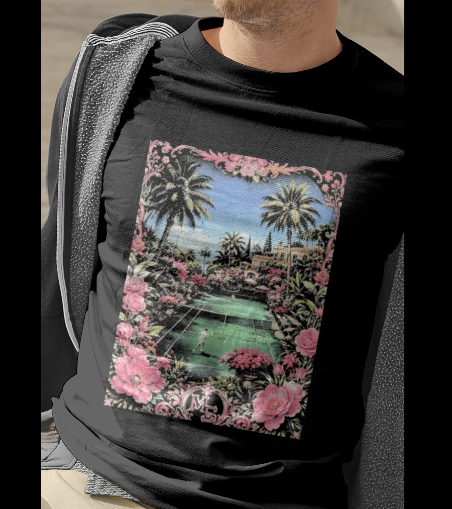Tennis Players On Mansion Court MS Initials With Pink Floral Frame T-Shirt