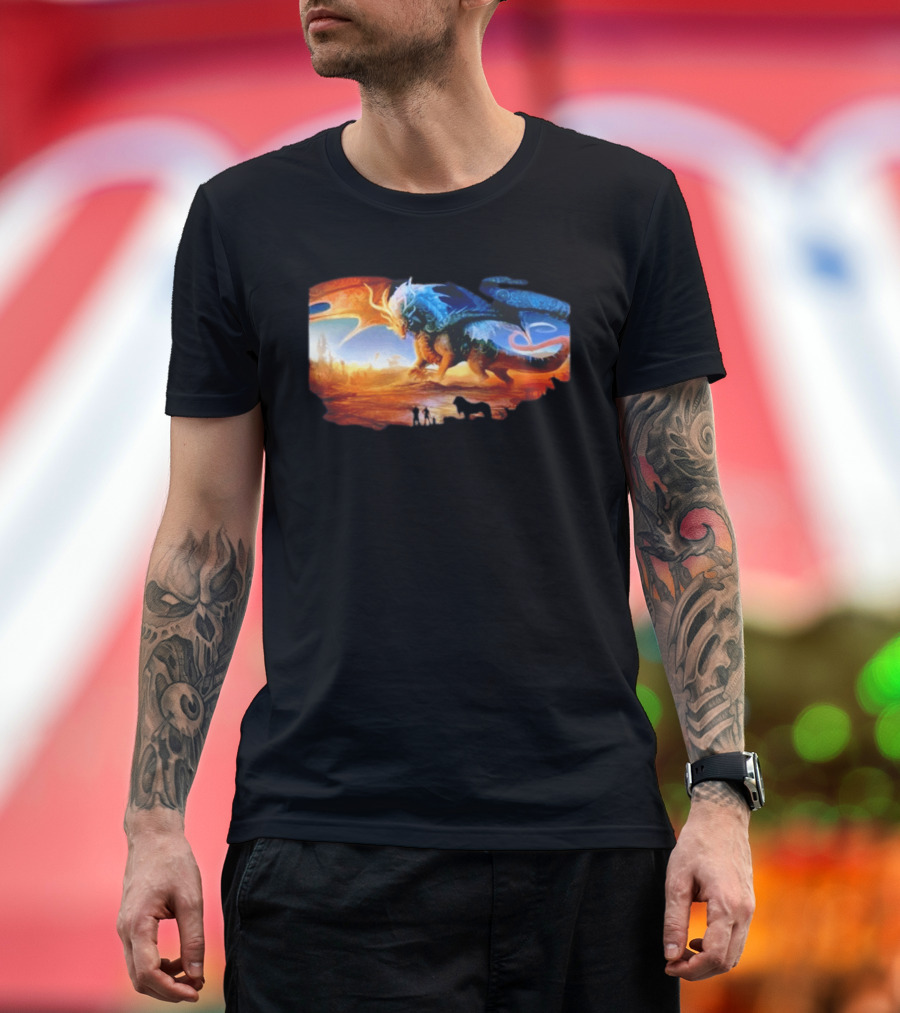 Giant Dragon In Radiant Golden Light With Blue And Orange Wings T-Shirt