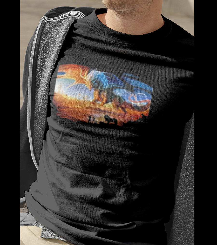 Giant Dragon In Radiant Golden Light With Blue And Orange Wings T-Shirt