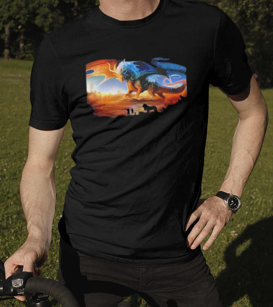 Giant Dragon In Radiant Golden Light With Blue And Orange Wings T-Shirt