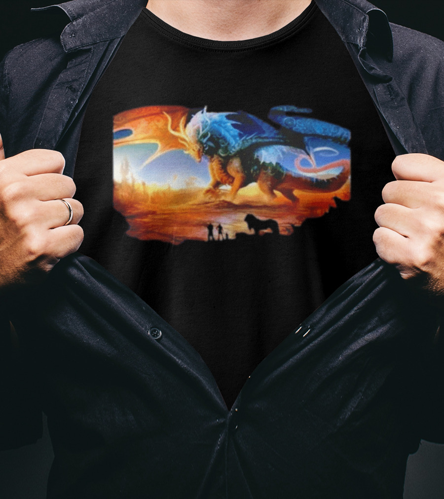 Giant Dragon In Radiant Golden Light With Blue And Orange Wings T-Shirt