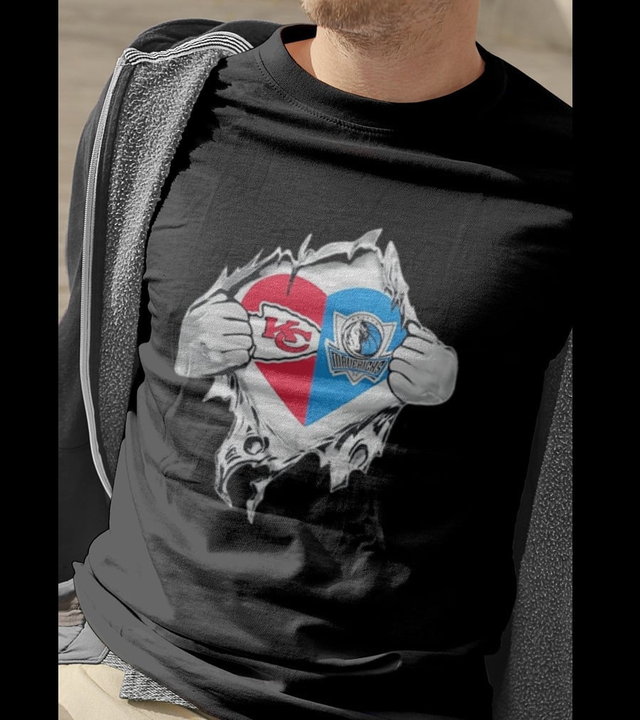 Kansas City Chiefs Dallas Mavericks Heart Ripped Open NFL NBA Crossover Fan Gear T-Shirt