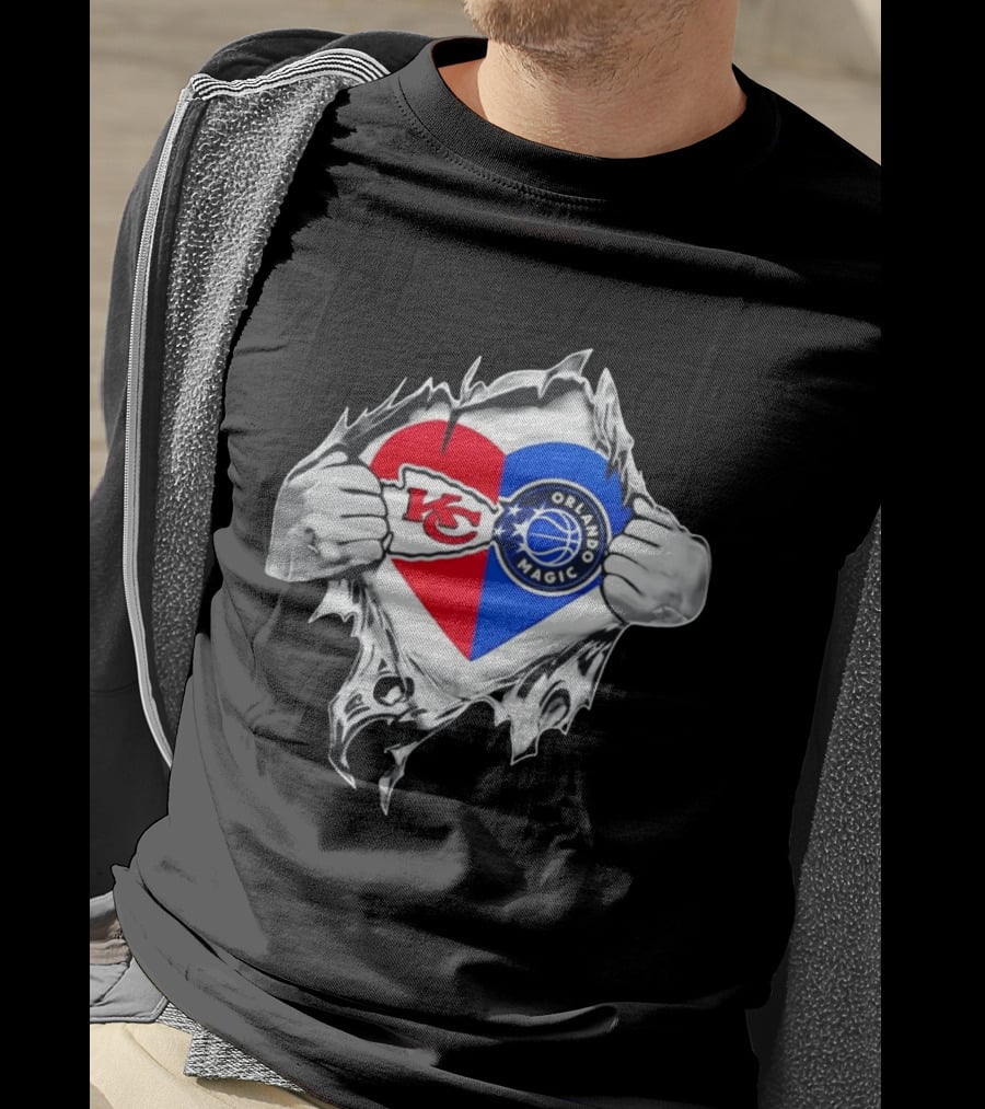 Kansas City Chiefs And Orlando Magic Heart Tear Open T-Shirt