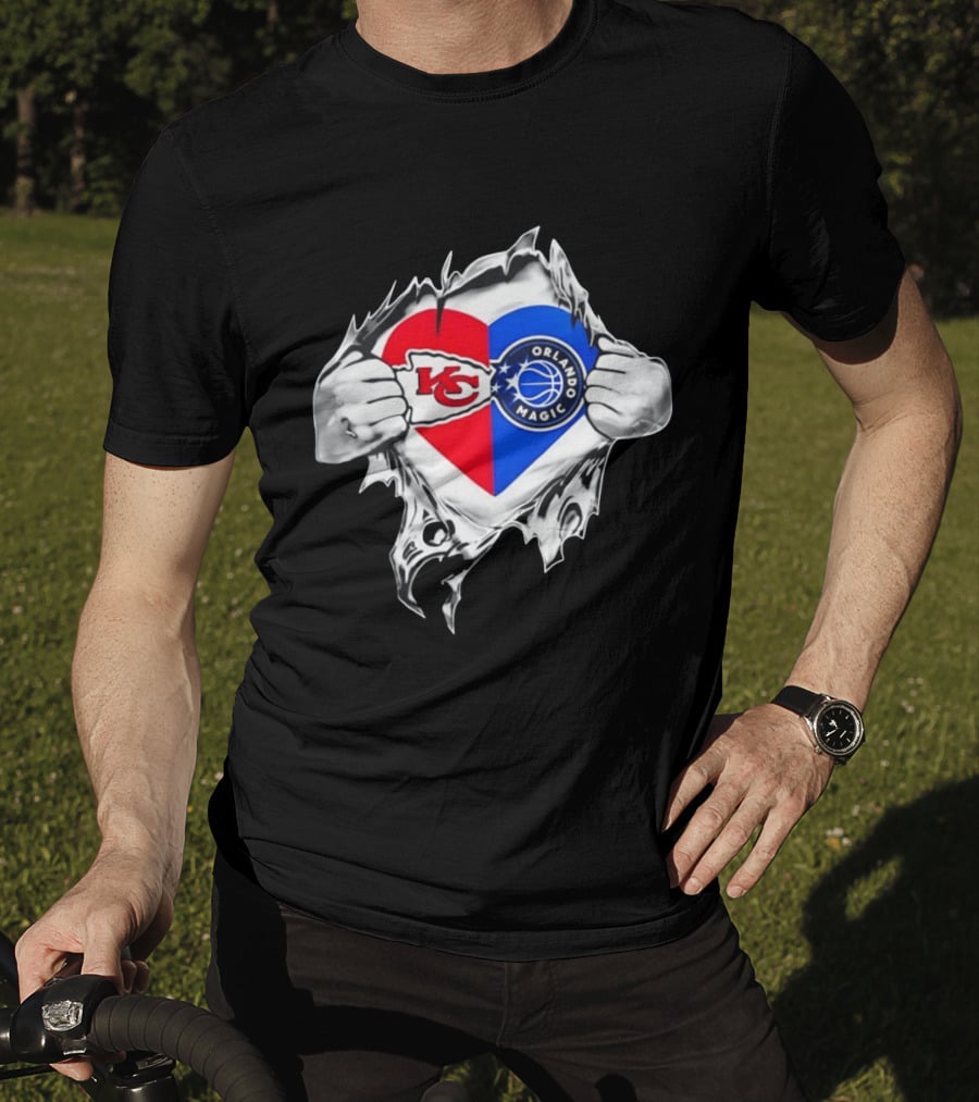 Kansas City Chiefs And Orlando Magic Heart Tear Open T-Shirt
