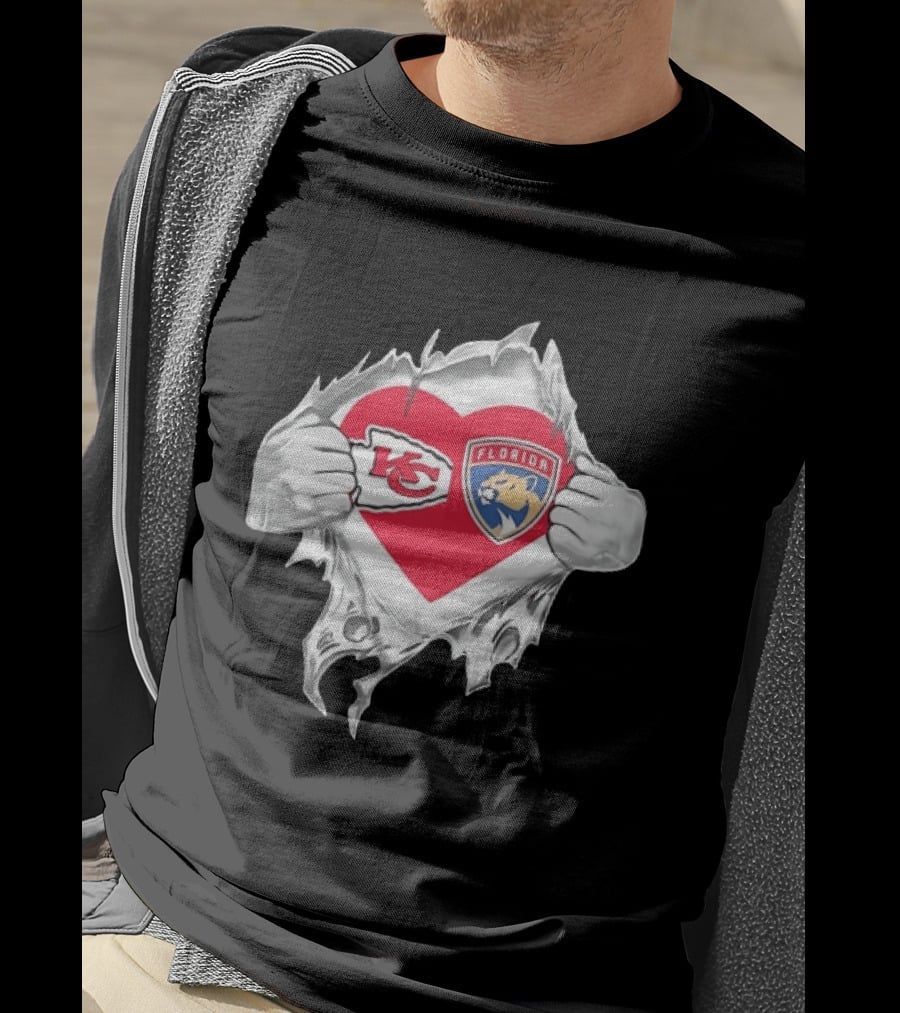 KC Chiefs Florida Panthers Heart Ripped Chest Kansas City NFL Florida NHL Fans T-Shirt