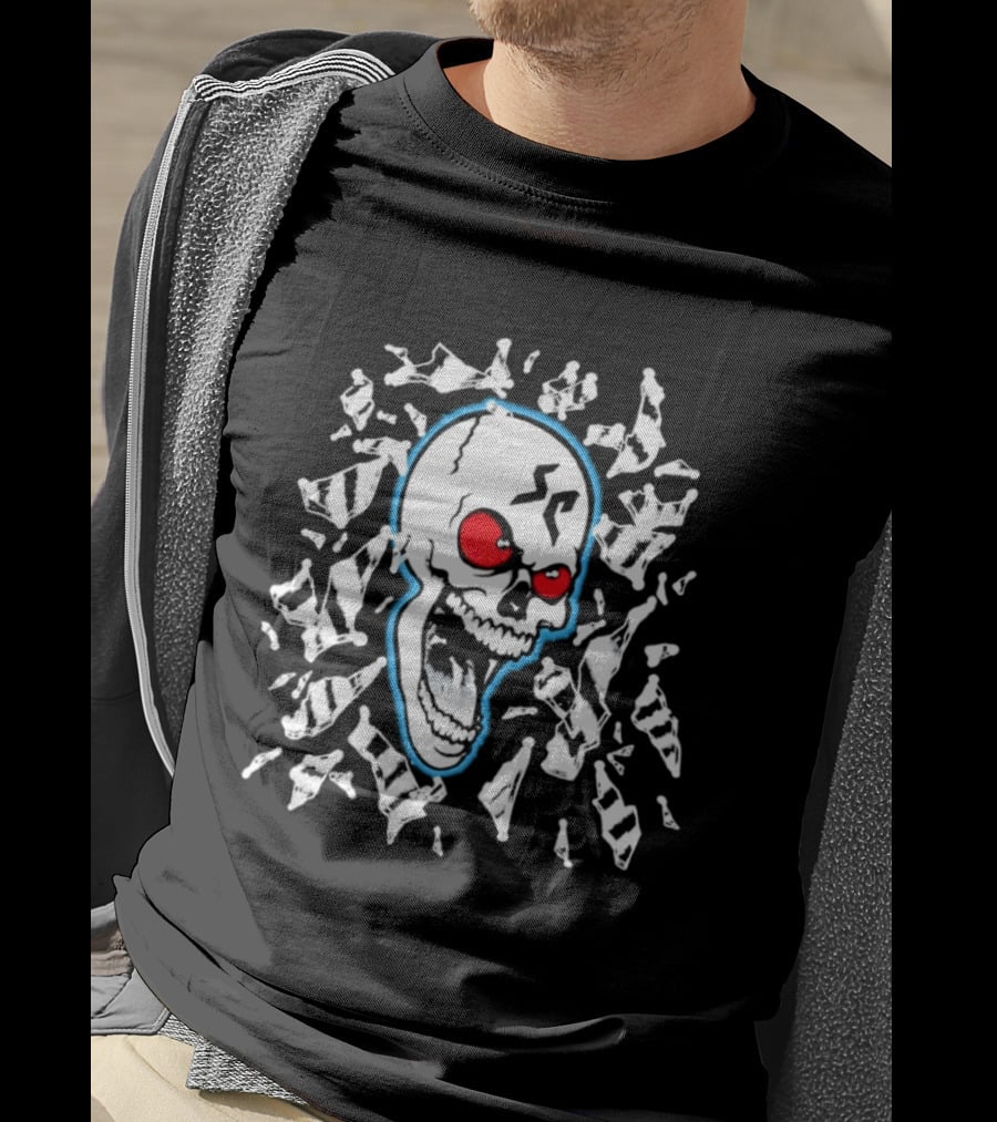 SC Skull Breaking Glass Explosive Red Eyes Fractured Blue T-Shirt