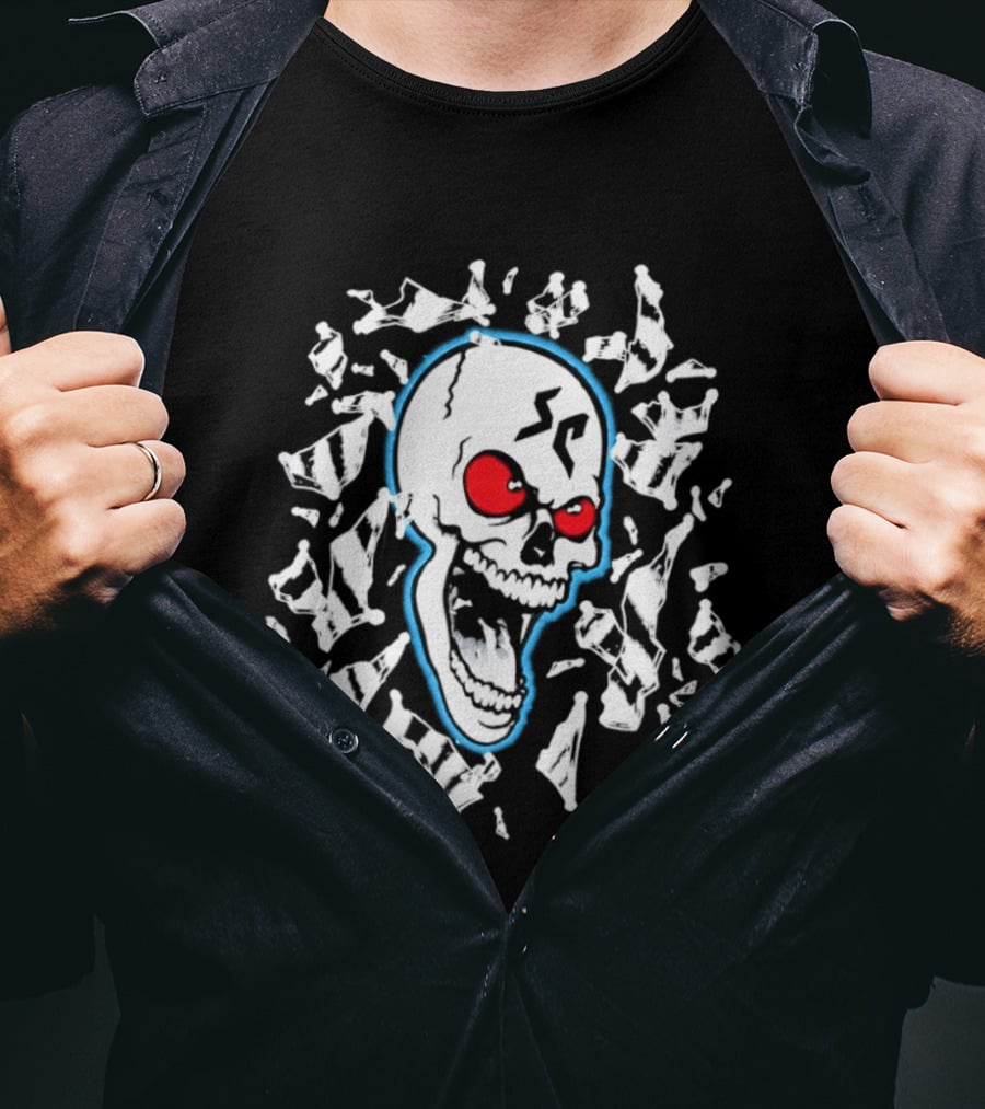 SC Skull Breaking Glass Explosive Red Eyes Fractured Blue T-Shirt