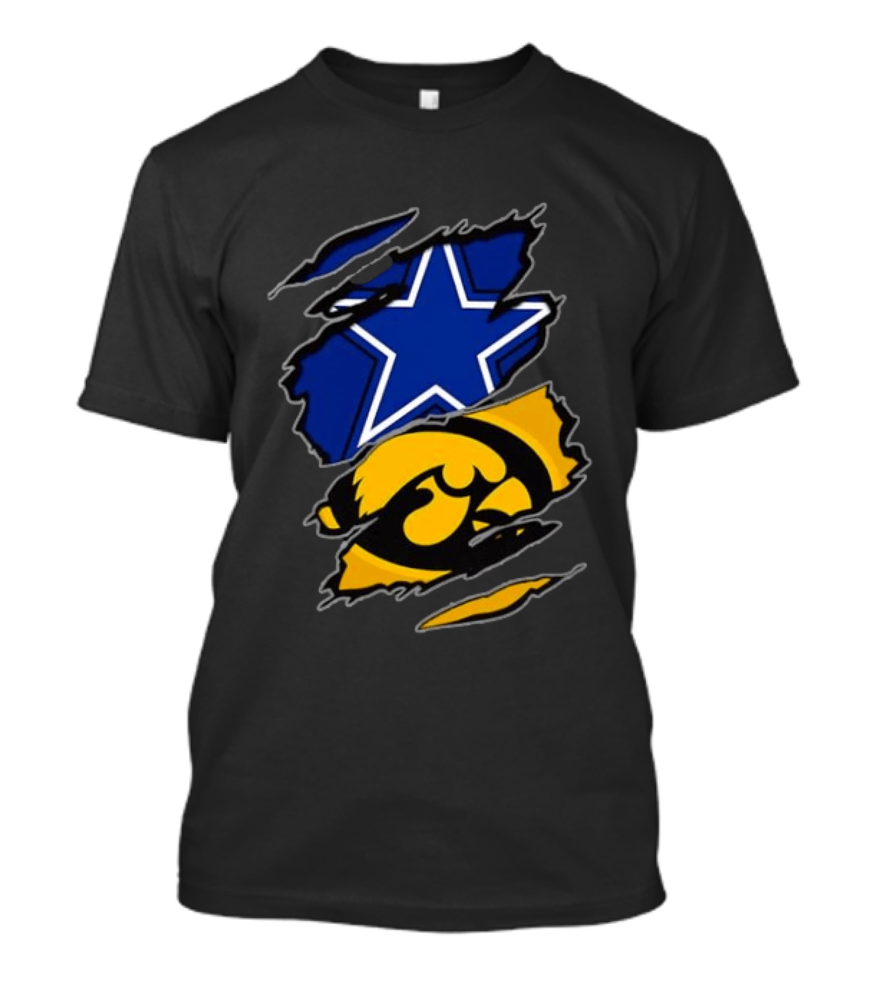 Dallas Cowboys Star And Iowa Hawkeyes Ripped Logo Sports Fan Gear T-Shirt