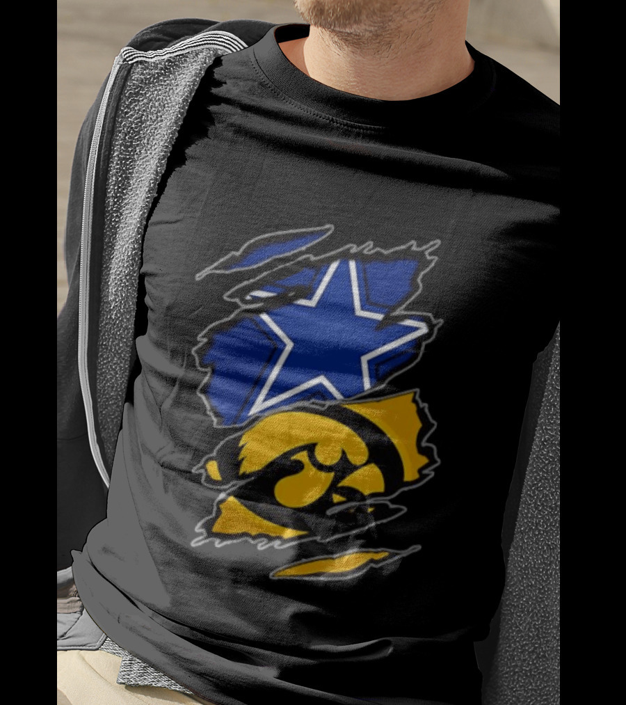 Dallas Cowboys Star And Iowa Hawkeyes Ripped Logo Sports Fan Gear T-Shirt