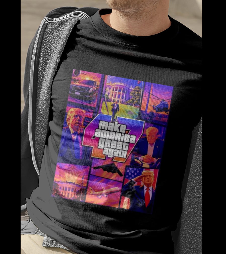 Make America Great Again GTA 47 Parody Trump White House Military Aircraft Montage T-Shirt