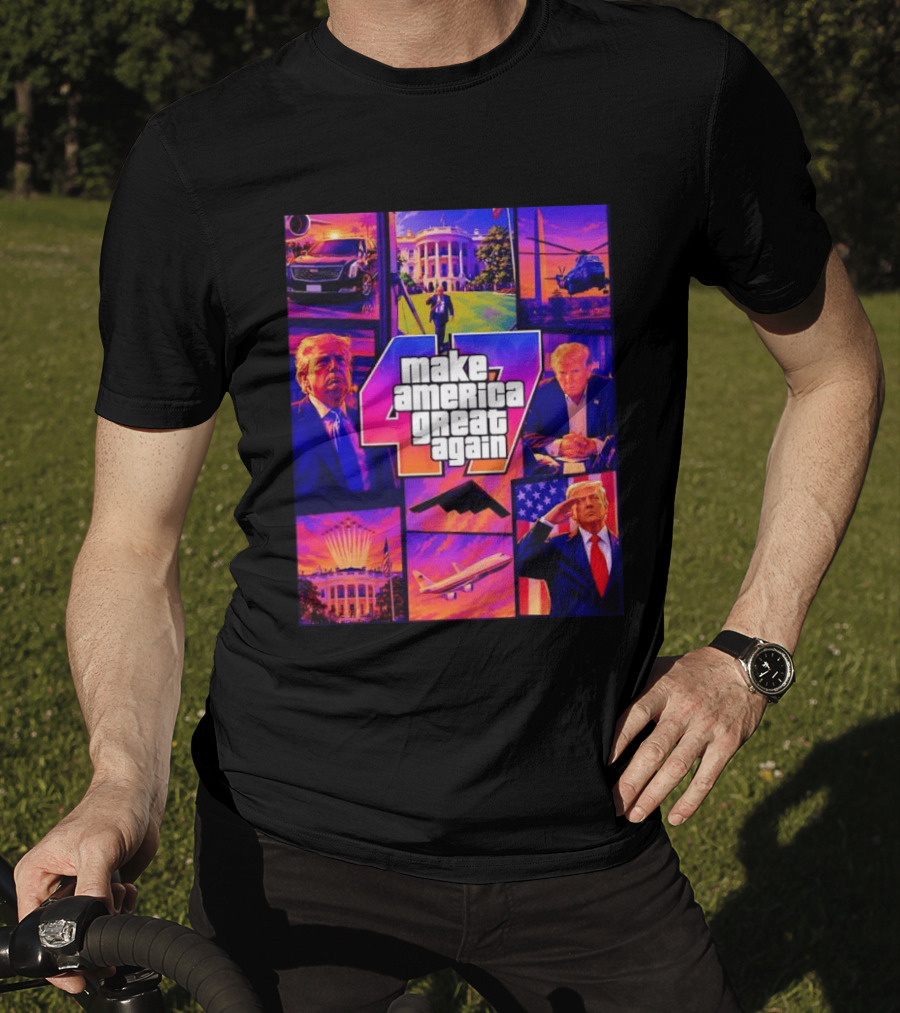 Make America Great Again GTA 47 Parody Trump White House Military Aircraft Montage T-Shirt