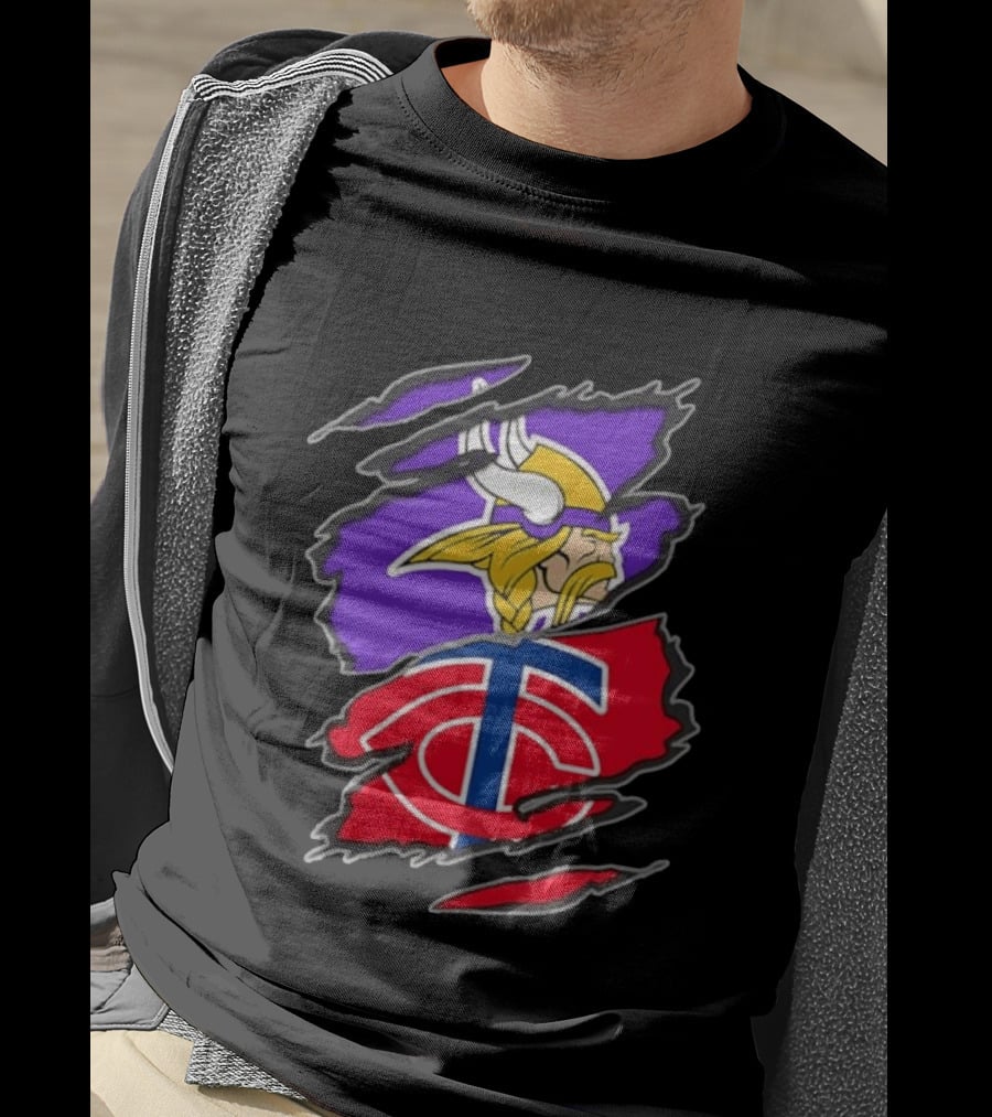Minnesota Vikings Minnesota Twins Iconic Team Collaboration Ripped T-Shirt