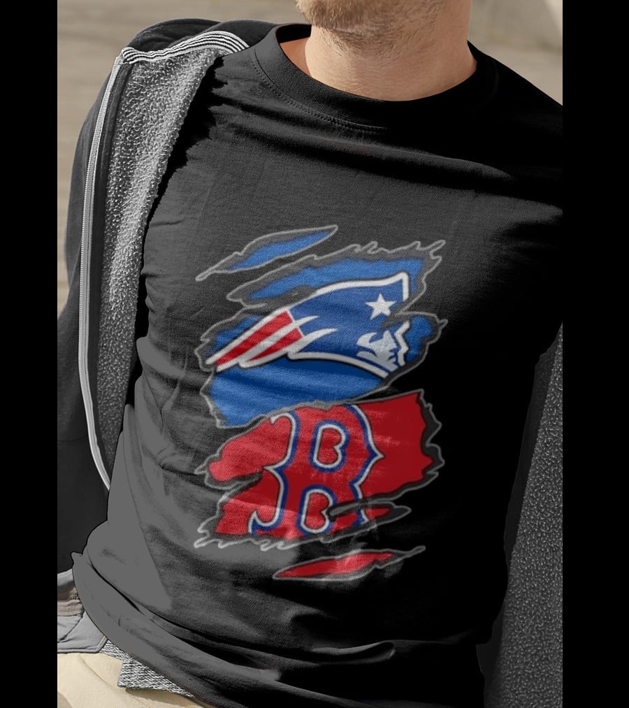 Patriots Red Sox Ripped Design New England Boston Sports Fan T-Shirt