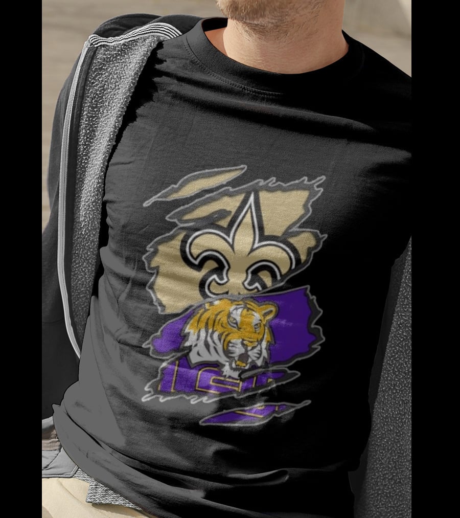 New Orleans Saints LSU Tigers Football Louisiana Logos Ripped T-Shirt