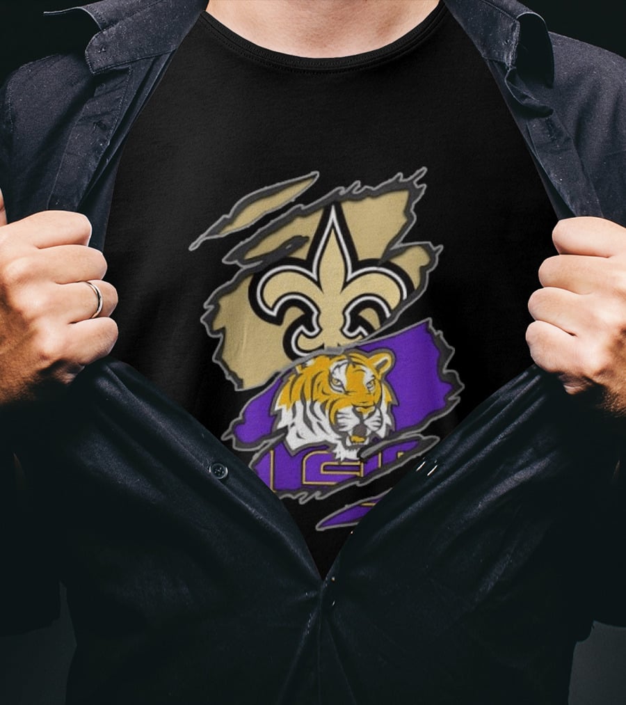 New Orleans Saints LSU Tigers Football Louisiana Logos Ripped T-Shirt