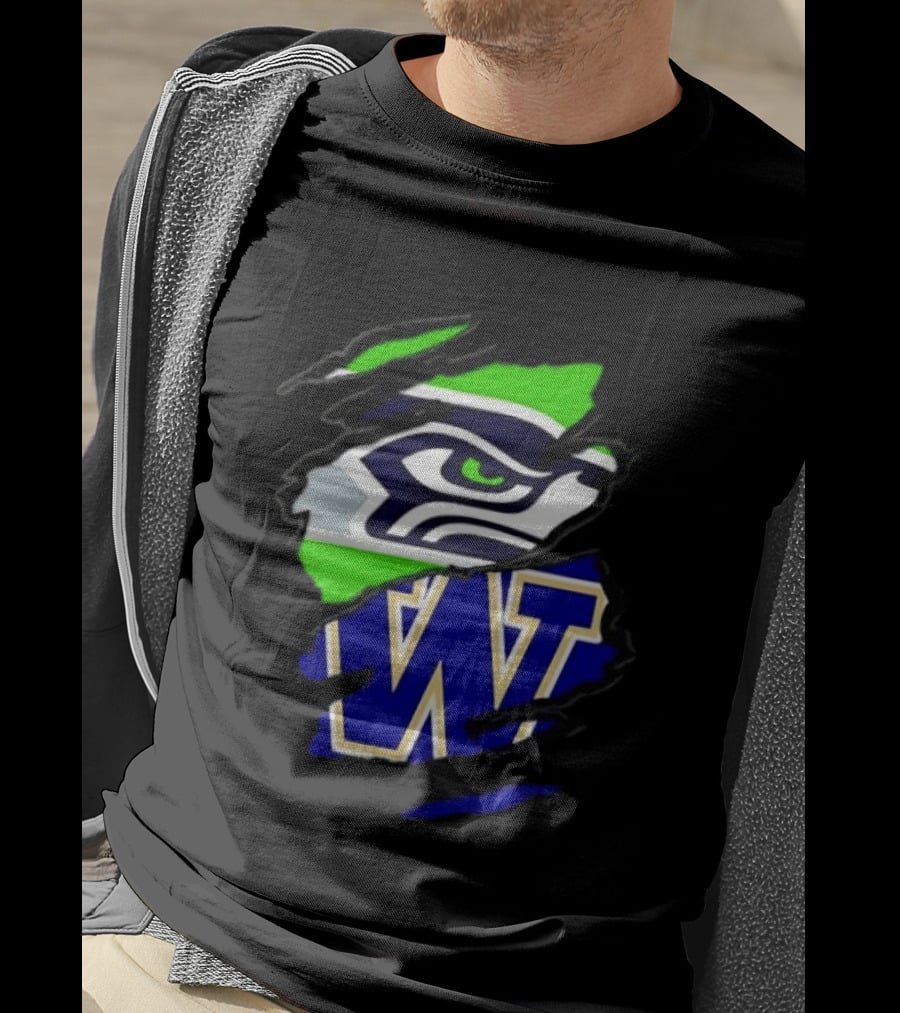 Seattle Seahawks Washington Huskies Ripped Through Logos T-Shirt