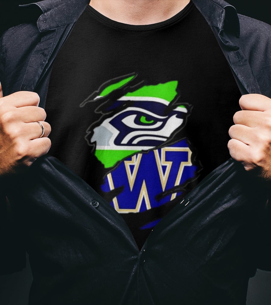 Seattle Seahawks Washington Huskies Ripped Through Logos T-Shirt