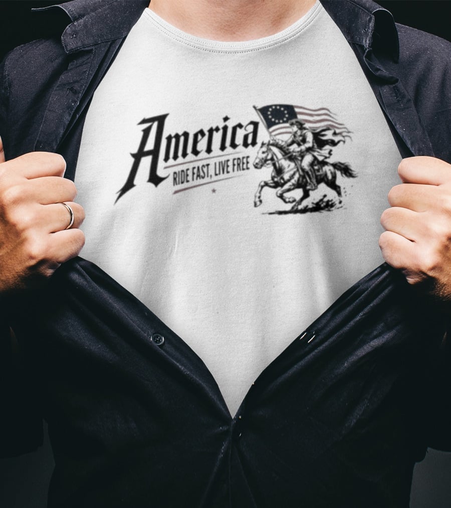 America Ride Fast Live Free Flag Revolutionary War Horseman T-Shirt