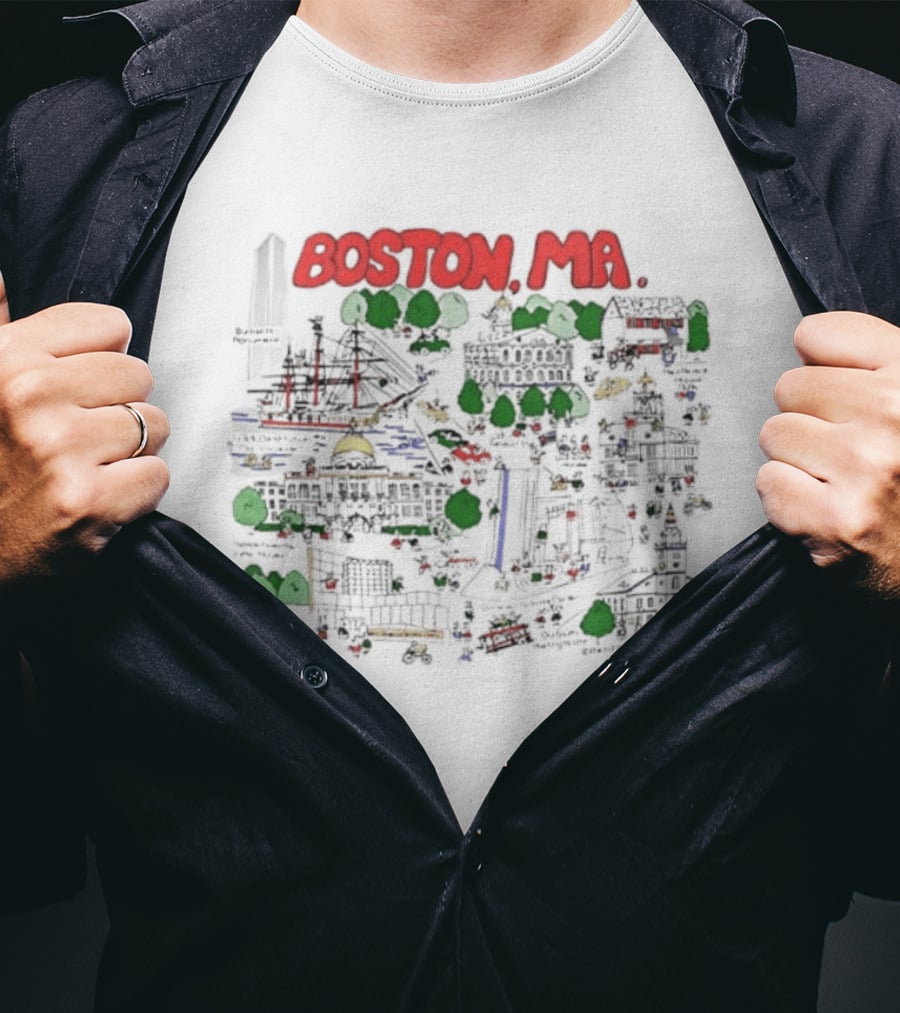Boston MA Map Bunker Hill Monument USS Constitution State House T-Shirt