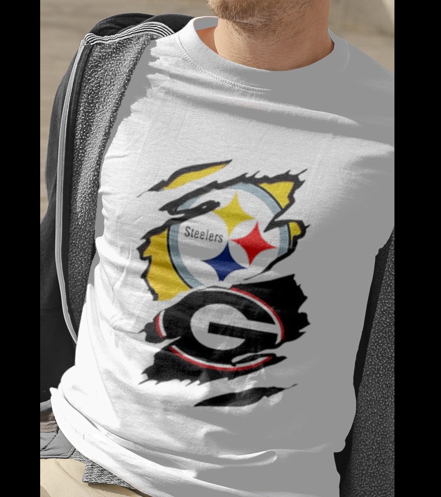 Pittsburgh Steelers Georgia Bulldogs NCAA Football Ripped Torn Effect T-Shirt