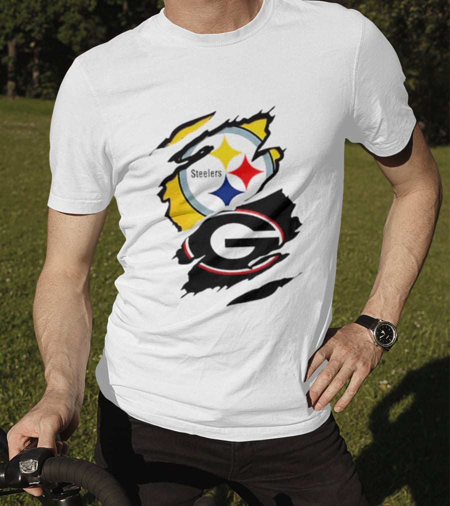 Pittsburgh Steelers Georgia Bulldogs NCAA Football Ripped Torn Effect T-Shirt