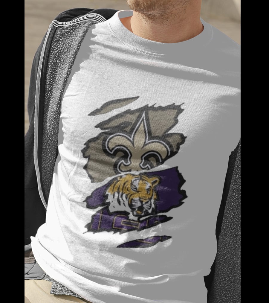 New Orleans Saints LSU Tigers Beneath The Surface Fleur De Lis Tiger Split T-Shirt