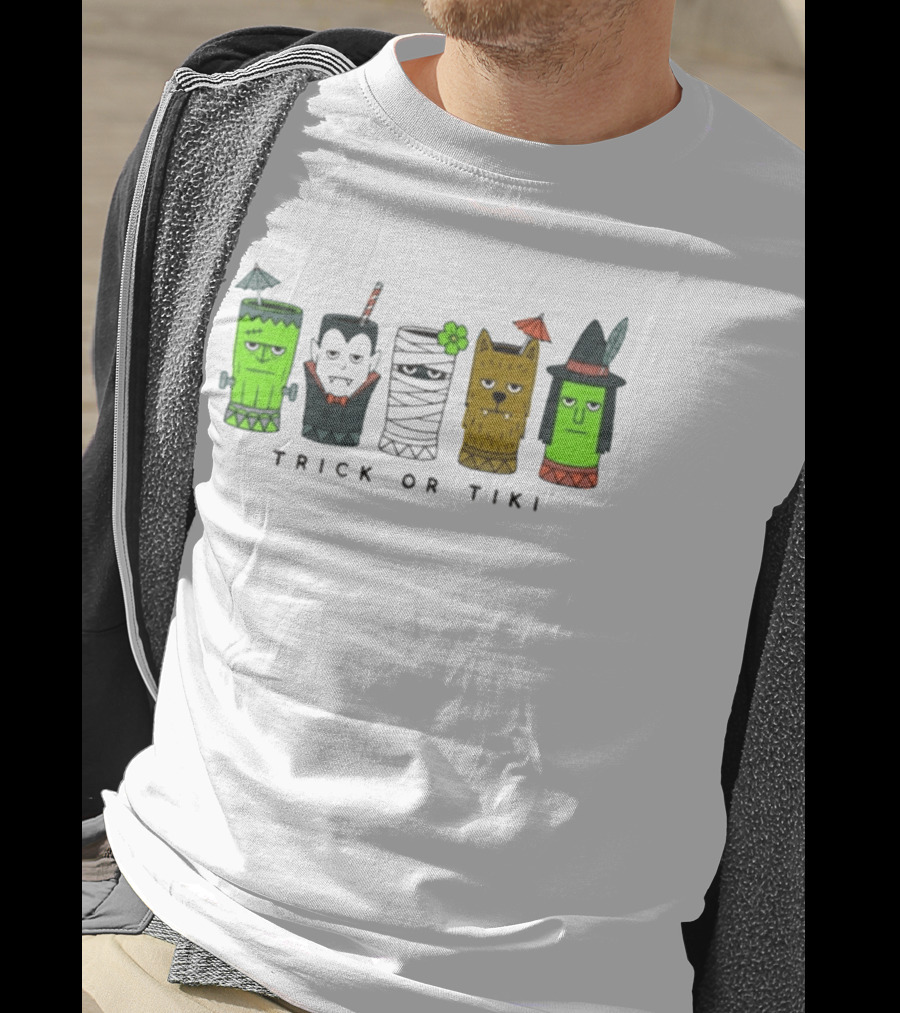 Trick Or Tiki Frankenstein Vampire Mummy Werewolf Witch Halloween T-Shirt