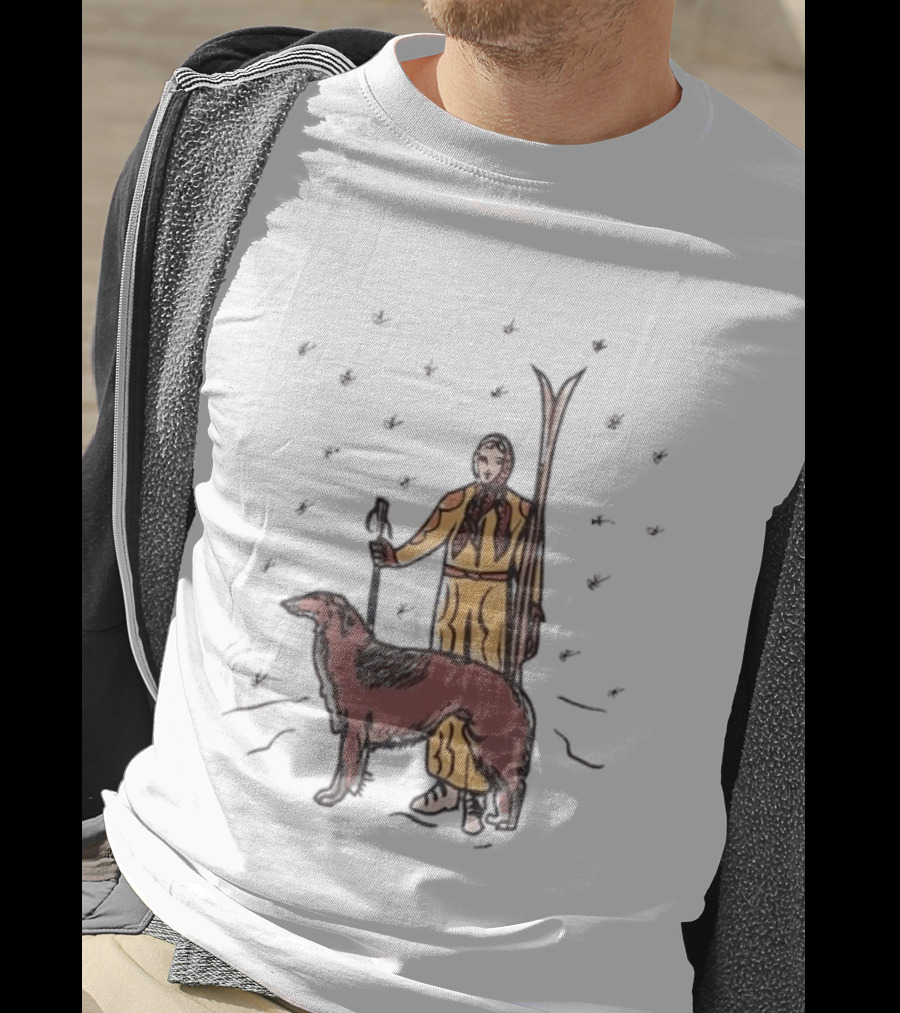 Woman Skiing With Borzoi Dog In Winter Sports Scene T-Shirt