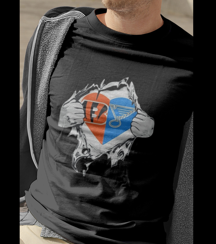 Bengals Blues Tattered Heart Shape Split Symbol With Hands T-Shirt