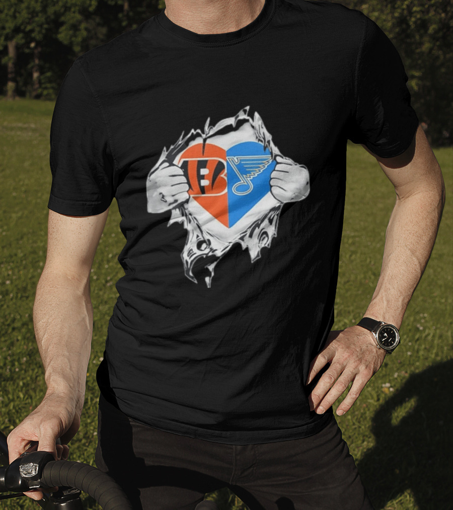 Bengals Blues Tattered Heart Shape Split Symbol With Hands T-Shirt