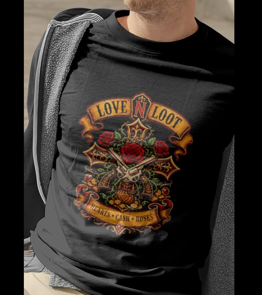 Love N Loot Hearts Cash Roses Guns And Flowers Cross Emblems T-Shirt