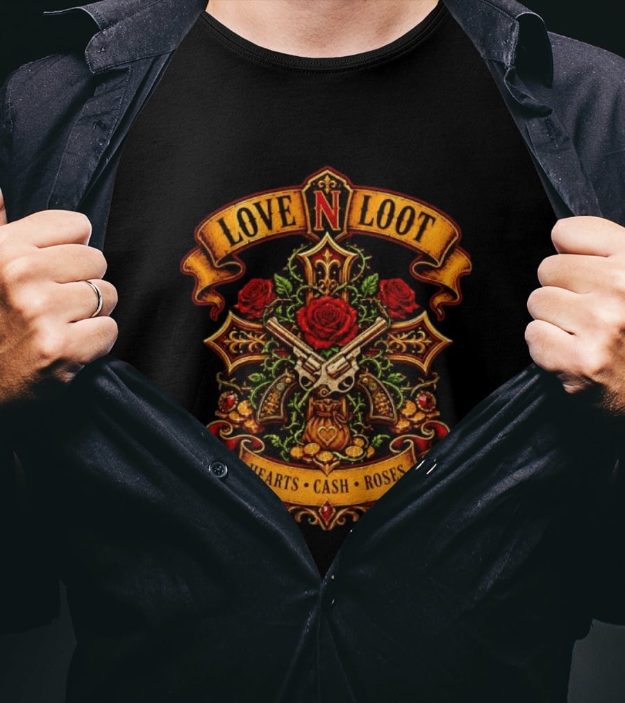 Love N Loot Hearts Cash Roses Guns And Flowers Cross Emblems T-Shirt