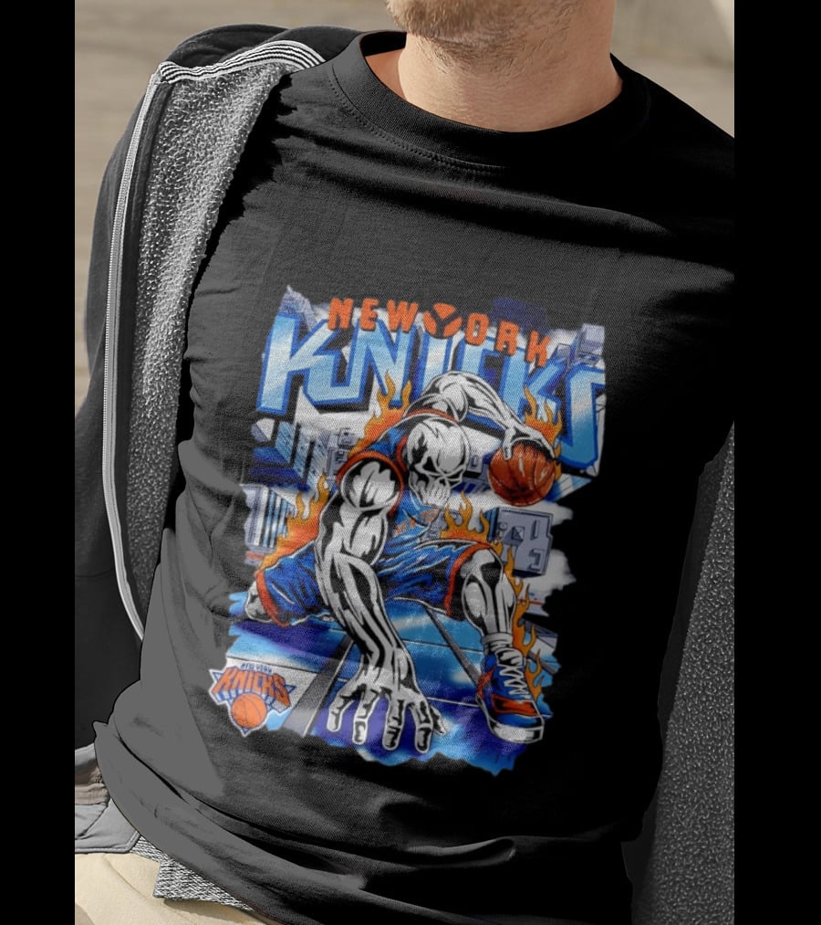 New York Knicks NBA Basketball Skull Player And City Flames T-Shirt