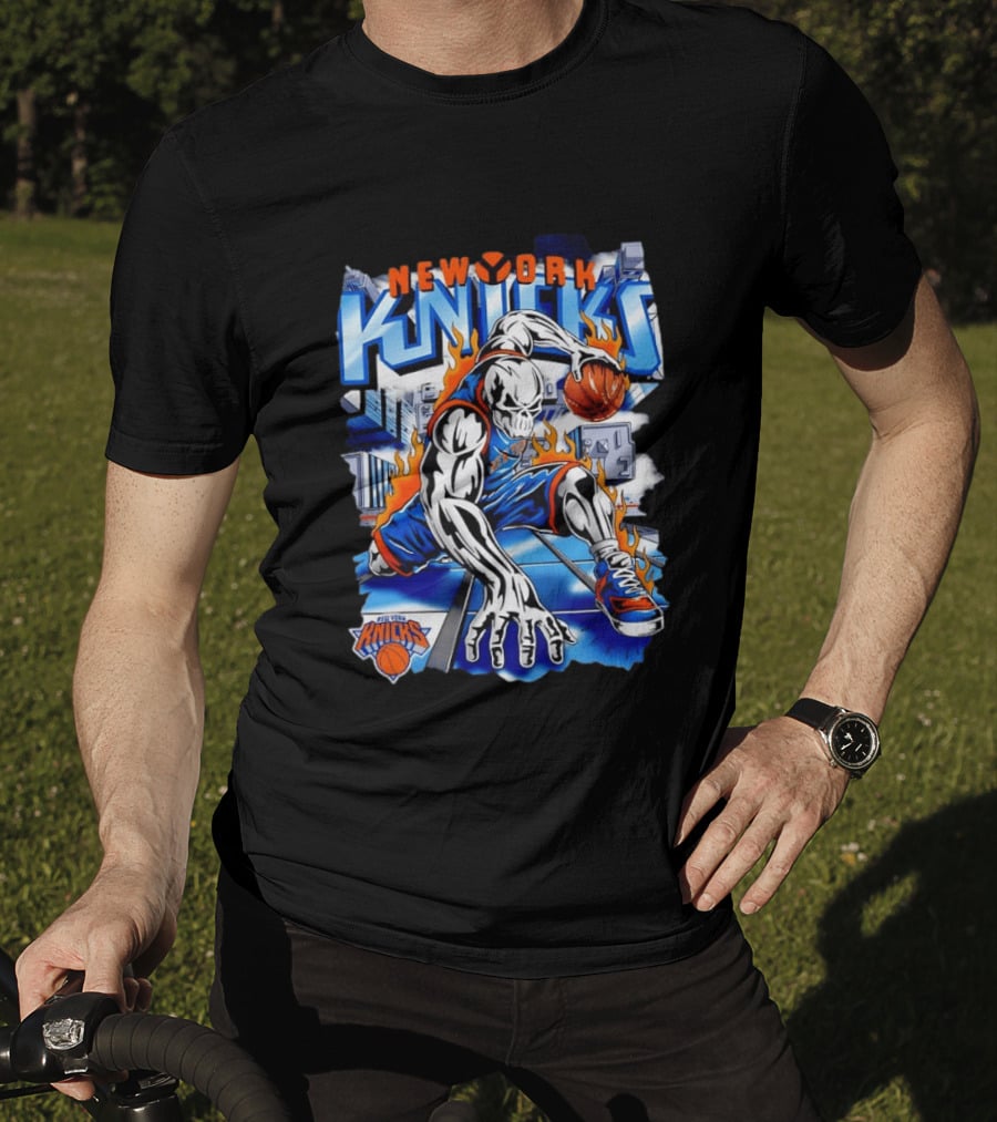 New York Knicks NBA Basketball Skull Player And City Flames T-Shirt