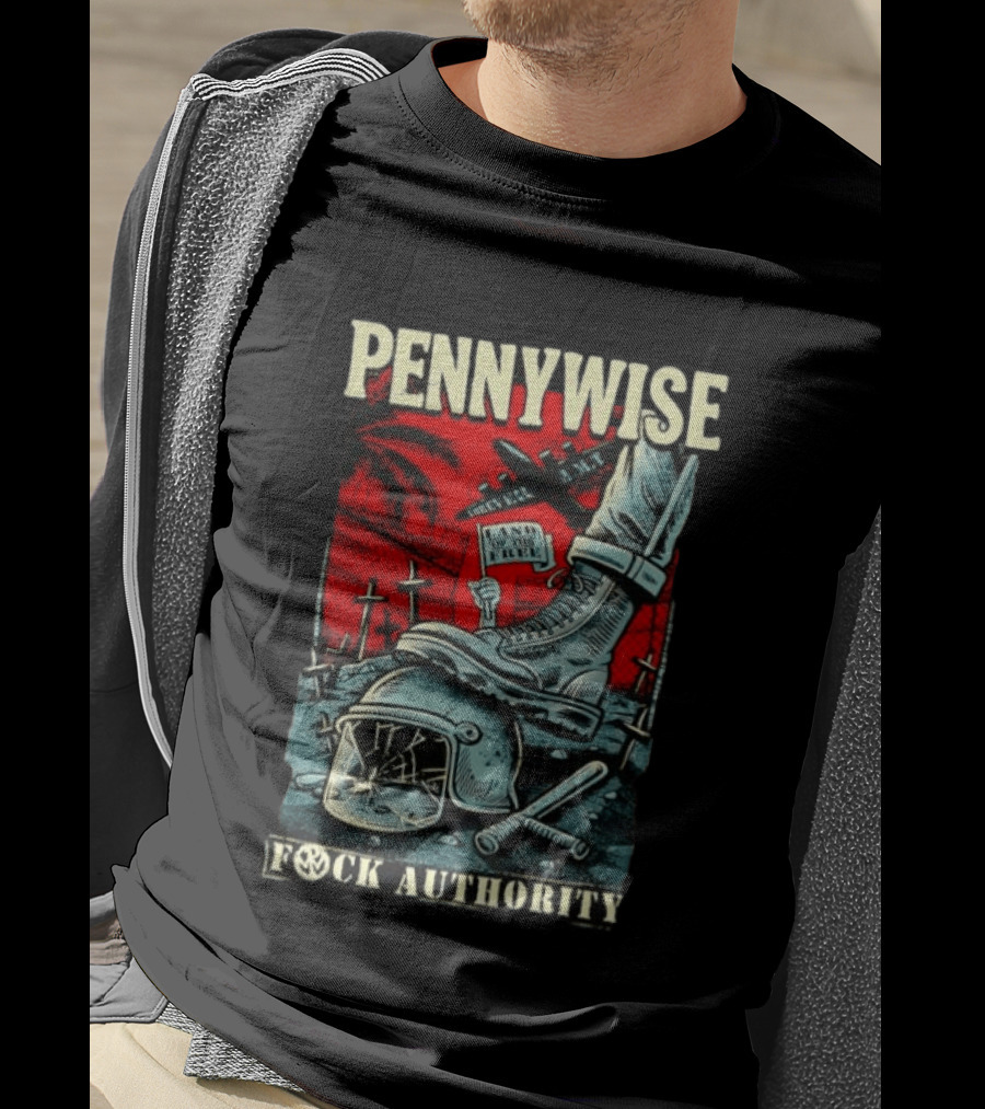 Pennywise Fock Authority Land Of The Free Forever Dystopian Punk Imagery With Boot And Helmet T-Shirt