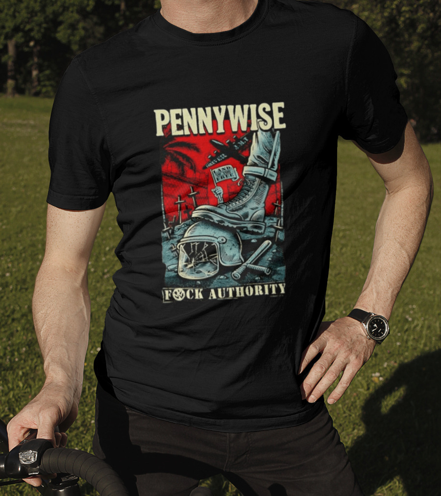 Pennywise Fock Authority Land Of The Free Forever Dystopian Punk Imagery With Boot And Helmet T-Shirt